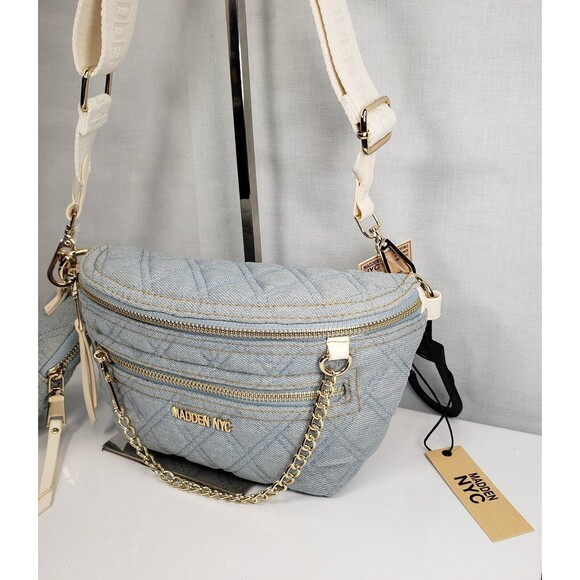 Madden NYC Women's Gold Chain Pocket Fanny Pack Crossbody with Pouch Denim New - Picture 3 of 16